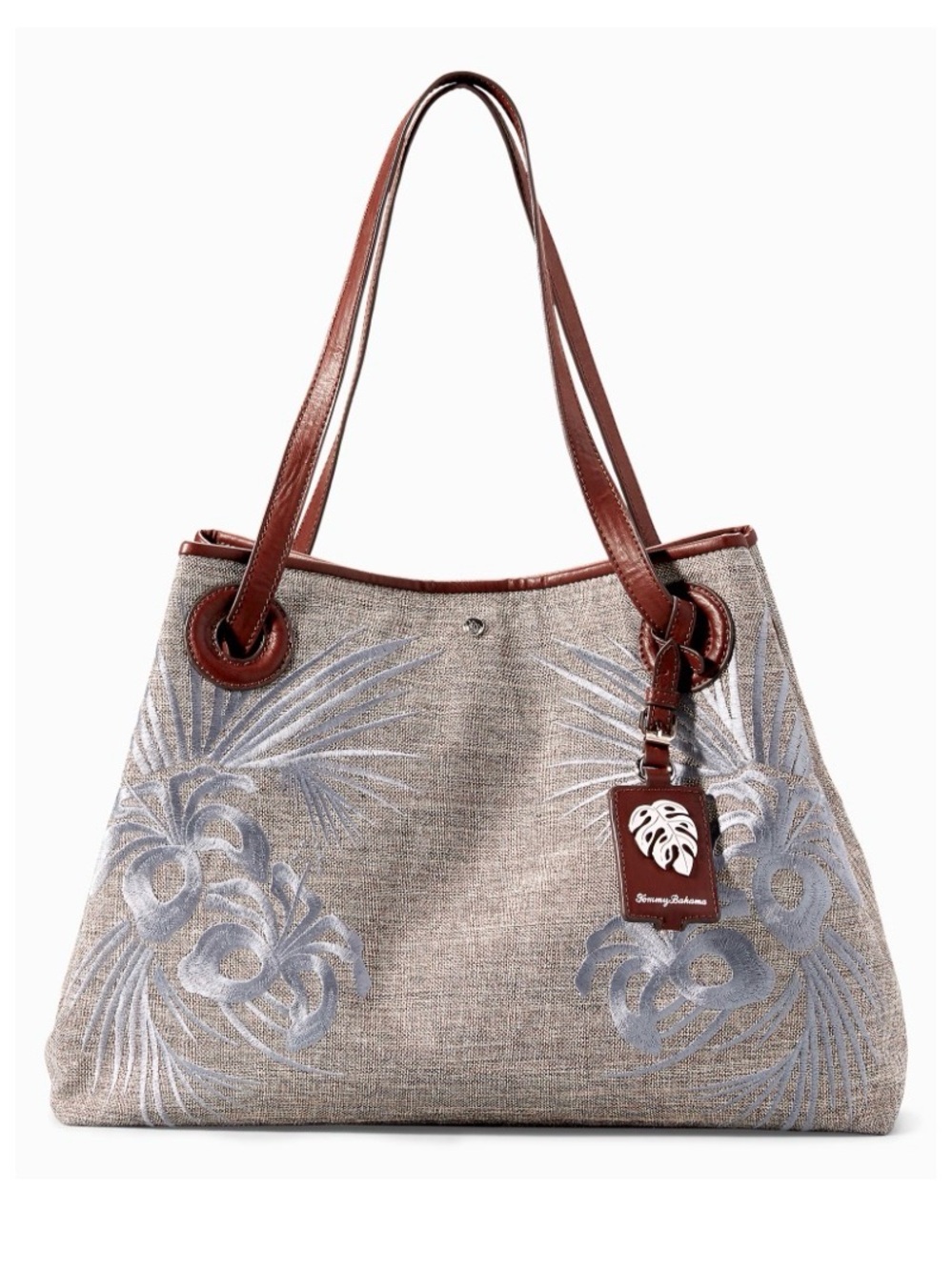 Tommy Bahama Waikki Tote w/ Dust Bag Botanical Embroidery And Brown Leather